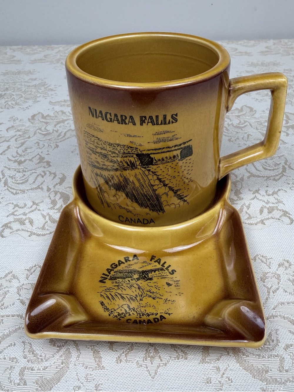 Vintage Niagara Falls Canada Ceramic Mug and Ashtray Set, Japan
